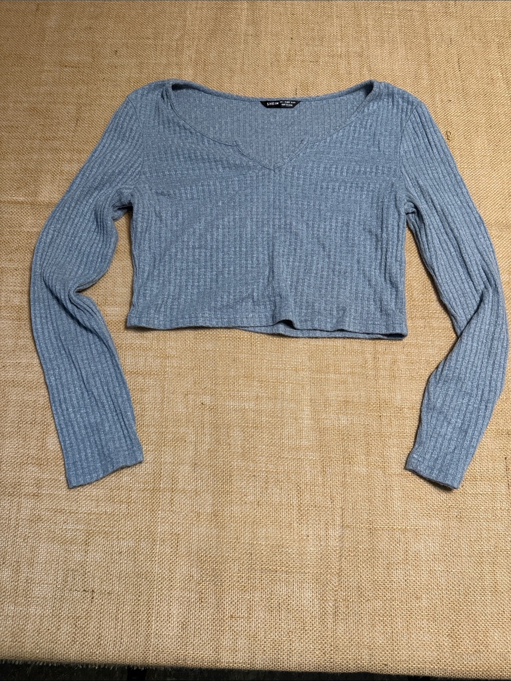 Blue Ribbed V-Neck Long Sleeve Crop Top